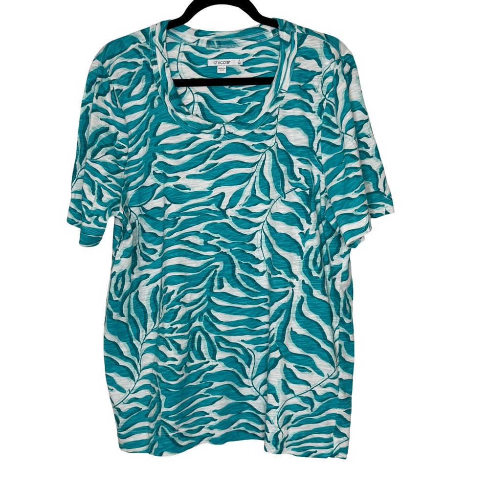 Chicos Teal White Tropical Leaf Scoop Neck T-Shirt Size 4 XXL Cotton Modal Beach